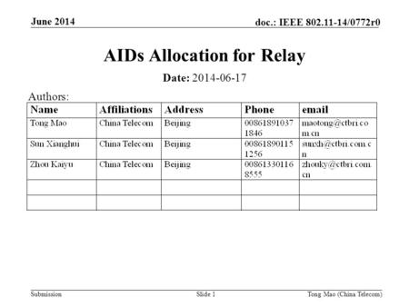 Submission doc.: IEEE 802.11-14/0772r0 June 2014 Tong Mao (China Telecom)Slide 1 AIDs Allocation for Relay Date: 2014-06-17 Authors: