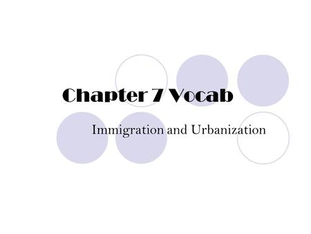 Chapter 7 Vocab Immigration and Urbanization. New Immigrants People who immigrated to the US beginning in the 1870s. Typically from S. and E. Europe,