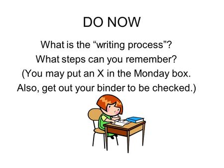 DO NOW What is the “writing process”? What steps can you remember? (You may put an X in the Monday box. Also, get out your binder to be checked.)