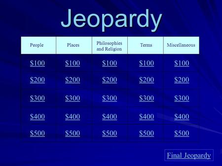 Jeopardy PeoplePlaces Philosophies and Religion Terms $100 $200 $300 $400 $500 $100 $200 $300 $400 $500 Final Jeopardy Miscellaneous $100 $200 $300 $400.