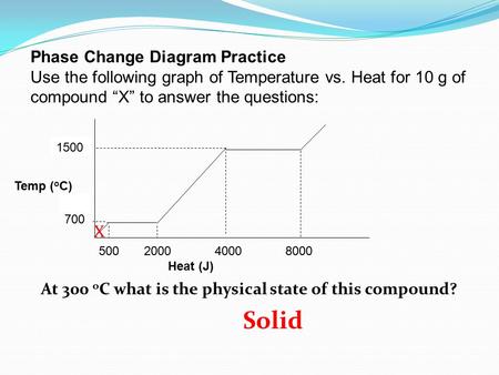 Temp ( o C) 1500 700 Phase Change Diagram Practice Use the following graph of Temperature vs. Heat for 10 g of compound “X” to answer the questions: 500.