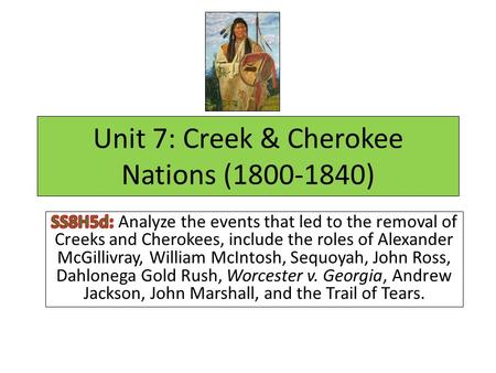 Unit 7: Creek & Cherokee Nations (1800-1840). KIM Vocabulary Strategy K =Key Vocabulary Word Example: William McIntosh I = Information/Definition Example: