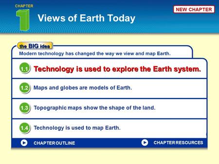 NEW CHAPTER Views of Earth Today CHAPTER the BIG idea Modern technology has changed the way we view and map Earth. Technology is used to explore the Earth.