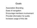 Goals Association Branding Ease of navigation Encourage members involvement Provide information for public Increase usage of this site.