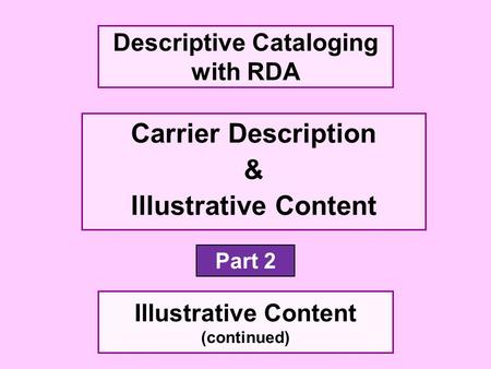 Carrier Description & Illustrative Content Part 2 Descriptive Cataloging with RDA Illustrative Content (continued)