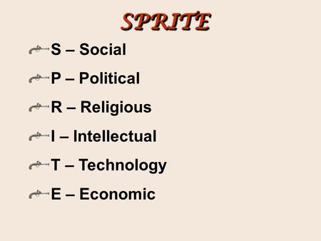 S – Social P – Political R – Religious I – Intellectual T – Technology E – Economic SPRITESPRITE.