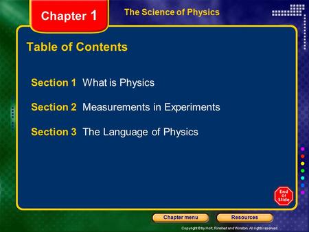 Copyright © by Holt, Rinehart and Winston. All rights reserved. ResourcesChapter menu Chapter 1 Table of Contents Section 1 What is Physics Section 2.
