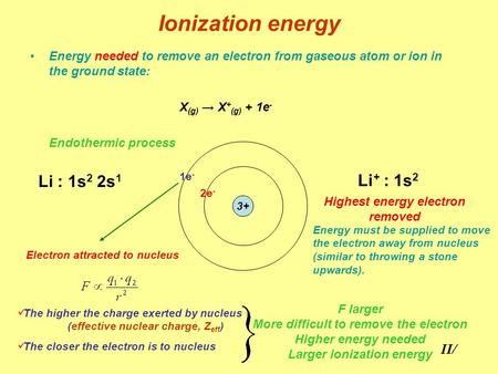 Ionization energy Energy needed to remove an electron from gaseous atom or ion in the ground state: X (g) → X + (g) + 1e - Endothermic process Li : 1s.