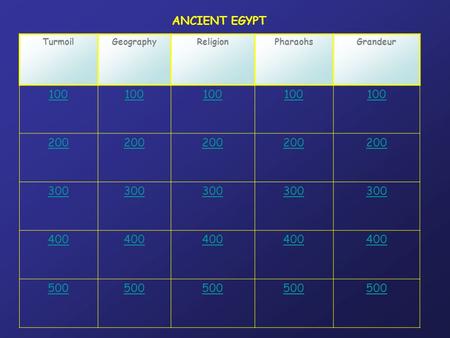 ANCIENT EGYPT TurmoilGeographyReligionPharaohsGrandeur 100 200 300 400 500.