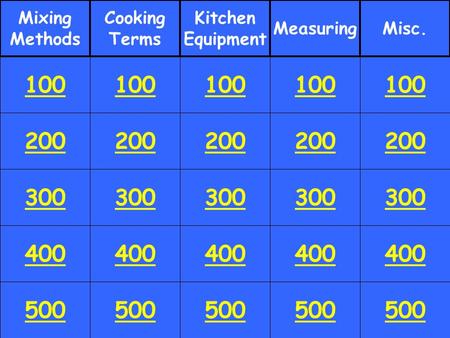 200 300 400 500 100 200 300 400 500 100 200 300 400 500 100 200 300 400 500 100 200 300 400 500 100 Mixing Methods Cooking Terms Kitchen Equipment MeasuringMisc.