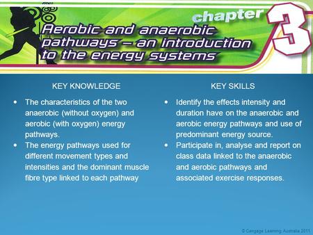 KEY KNOWLEDGEKEY SKILLS  The characteristics of the two anaerobic (without oxygen) and aerobic (with oxygen) energy pathways.  The energy pathways used.
