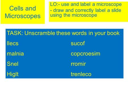 Cells and Microscopes LO:- use and label a microscope - draw and correctly label a slide using the microscope TASK: Unscramble these words in your book.