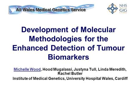 Development of Molecular Methodologies for the Enhanced Detection of Tumour Biomarkers Michelle Wood, Hood Mugalassi, Justyna Tull, Linda Meredith, Rachel.
