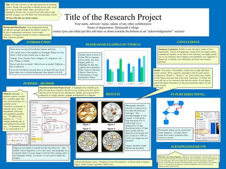 Title of the Research Project Your name, advisors’ name, names of any other collaborators Name of department, Dartmouth College Funding source (you can.