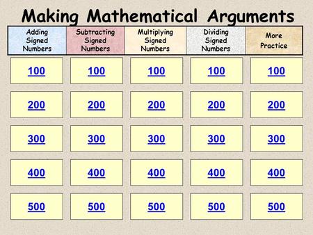 Making Mathematical Arguments 100 200 100 200 300 400 500 300 400 500 100 200 300 400 500 100 200 300 400 500 100 200 300 400 500 Adding Signed Numbers.