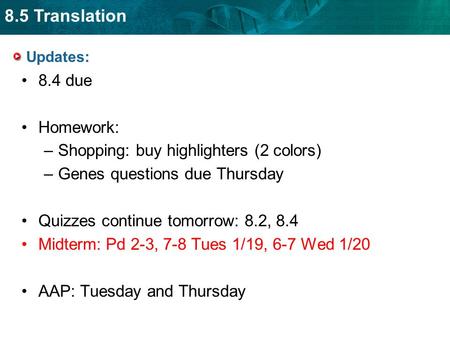 8.5 Translation Updates: 8.4 due Homework: –Shopping: buy highlighters (2 colors) –Genes questions due Thursday Quizzes continue tomorrow: 8.2, 8.4 Midterm: