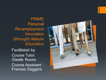 PRIME Personal Re-employment Innovation (through) Mature Education Facilitated by Course Tutor: Giselle Ruoss Course Assistant : Frances Saggers.