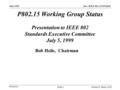 Doc.: IEEE 802.15-99/026r2 Submission July 1999 Robert F. Heile, GTESlide 1 Bob Heile, Chairman P802.15 Working Group Status Presentation to IEEE 802 Standards.