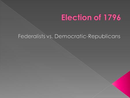  Federalists v. Democratic Republican Party Federalist Party/ Hamilton Democratic Republican Party/Jefferson and Madison Strong Federal Government Strong.