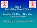 Year 6 End of Key Stage 2 Tests Monday 9th May – Thursday 12th May 2016 Helping you to help your child!