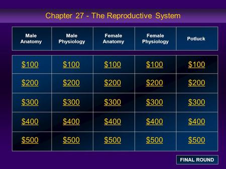 Chapter 27 - The Reproductive System $100 $200 $300 $400 $500 $100$100$100 $200 $300 $400 $500 Male Anatomy Male Physiology Female Anatomy Female Physiology.