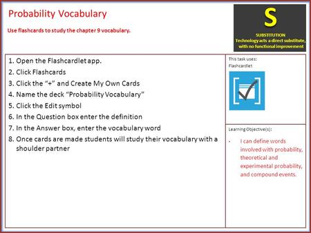 Probability Vocabulary 1.Open the Flashcardlet app. 2.Click Flashcards 3.Click the “+” and Create My Own Cards 4.Name the deck “Probability Vocabulary”