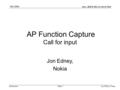 Oct 2004 Jon Edney, Nokia Slide 1 doc.: IEEE 802.11-04/1176r0 Submission AP Function Capture Call for input Jon Edney, Nokia.