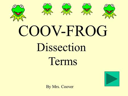 COOV-FROG Dissection Terms By Mrs. Coover. Welcome to COOV-FROG! You are about to learn a lot about the anatomy of a frog!