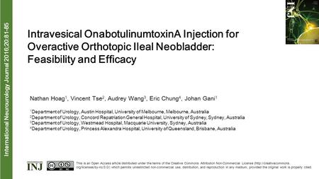 Interna tional Neurourology Journal 2016;20:81-85 Intravesical OnabotulinumtoxinA Injection for Overactive Orthotopic Ileal Neobladder: Feasibility and.