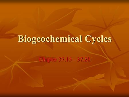 Biogeochemical Cycles Chapter 37.15 – 37.20. What you need to know! The water, carbon, nitrogen, and phosphorus chemical cycles The water, carbon, nitrogen,