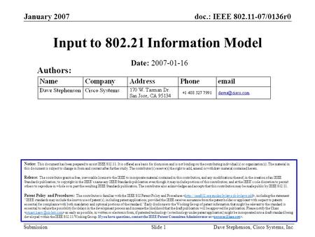 Doc.: IEEE 802.11-07/0136r0 Submission January 2007 Dave Stephenson, Cisco Systems, Inc.Slide 1 Input to 802.21 Information Model Date: 2007-01-16 Notice: