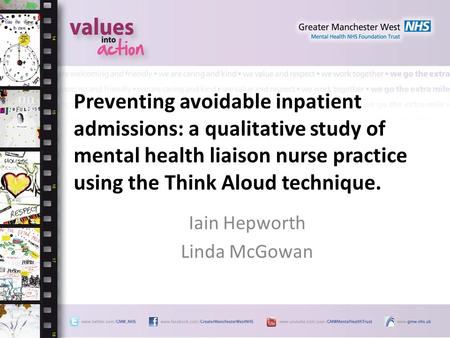 Preventing avoidable inpatient admissions: a qualitative study of mental health liaison nurse practice using the Think Aloud technique. Iain Hepworth Linda.