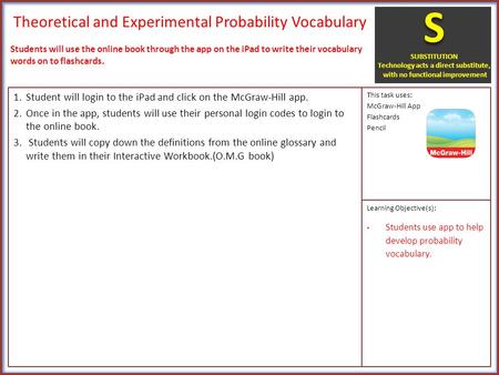 Theoretical and Experimental Probability Vocabulary 1.Student will login to the iPad and click on the McGraw-Hill app. 2.Once in the app, students will.