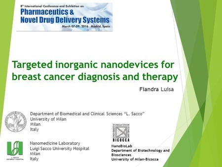 Targeted inorganic nanodevices for breast cancer diagnosis and therapy Fiandra Luisa Nanomedicine Laboratory Luigi Sacco University Hospital Milan Italy.