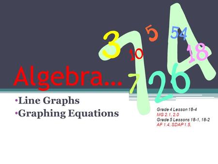 Algebra… Line Graphs Graphing Equations Grade 4 Lesson 18-4 MG 2.1, 2.0 Grade 5 Lessons 18-1, 18-2 AF 1.4, SDAP 1.5,