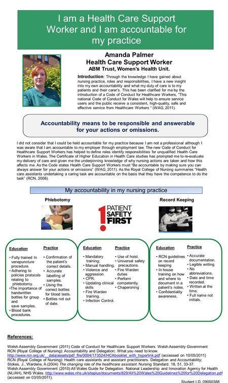 Am a Health Care Assistant and I am accountable for my practice I am a Health Care Support Worker and I am accountable for my practice Amanda Palmer Health.