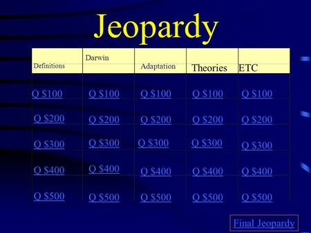 Jeopardy Definitions Darwin Theories ETC Q $100 Q $200 Q $300 Q $400 Q $500 Q $100 Q $200 Q $300 Q $400 Q $500 Final Jeopardy Adaptation.
