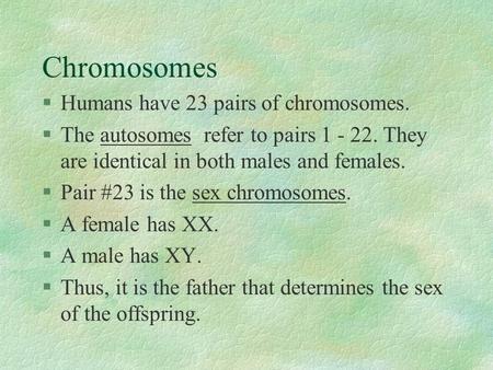 Chromosomes §Humans have 23 pairs of chromosomes. §The autosomes refer to pairs 1 - 22. They are identical in both males and females. §Pair #23 is the.