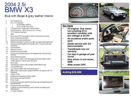 2004 2.5i BMW X3 1.All Wheel Drive 2.2.5i - 6 Cylinders 1.180 2.175 Ft 3,500 RPM 3.5 Speed Semi-Automatic Transmission 4.Fuel Economy.