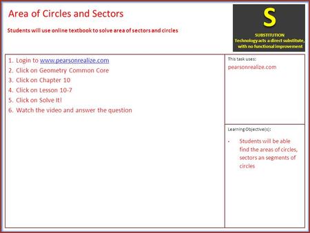 Area of Circles and Sectors 1.Login to www.pearsonrealize.comwww.pearsonrealize.com 2.Click on Geometry Common Core 3.Click on Chapter 10 4.Click on Lesson.