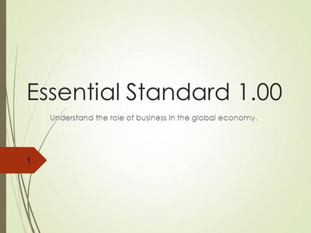 Essential Standard 1.00 Understand the role of business in the global economy. 1.