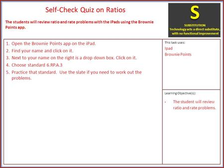 Self-Check Quiz on Ratios 1.Open the Brownie Points app on the iPad. 2.Find your name and click on it. 3.Next to your name on the right is a drop down.