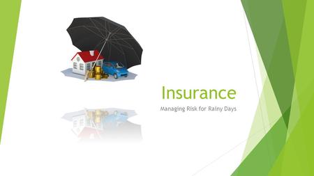 Insurance Managing Risk for Rainy Days. What is Insurance?  Contract (called a policy) with a company that pays you if you experience a loss.  Help.
