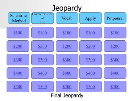 Jeopardy $100 Scientific Method Characteristics of Life VocabApplyPotpourri $200 $300 $400 $500 $400 $300 $200 $100 $500 $400 $300 $200 $100 $500 $400.
