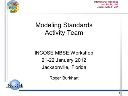 1 International Workshop Jan 21– 24, 2012 Jacksonville, Fl USA Roger Burkhart INCOSE MBSE Workshop 21-22 January 2012 Jacksonville, Florida Modeling Standards.