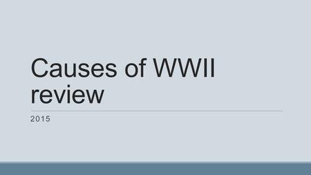 Causes of WWII review 2015. World War II Causes Treaty of Versailles Hitler’s Actions Failure of Appeasement Japan’s search for natural resources Global.