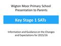 Key Stage 1 SATs Information and Guidance on the Changes and Expectations for 2015/16 Wigton Moor Primary School Presentation to Parents.