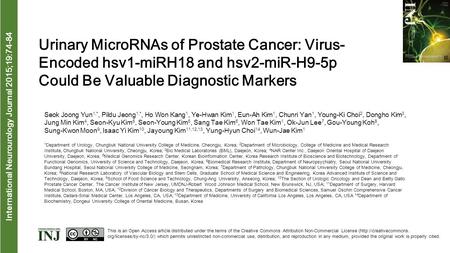 Interna tional Neurourology Journal 2015;19:74-84 Urinary MicroRNAs of Prostate Cancer: Virus- Encoded hsv1-miRH18 and hsv2-miR-H9-5p Could Be Valuable.