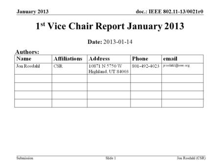 Doc.: IEEE 802.11-13/0021r0 Submission January 2013 Jon Rosdahl (CSR)Slide 1 1 st Vice Chair Report January 2013 Date: 2013-01-14 Authors: