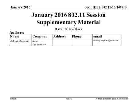 Doc.: IEEE 802.11-15/1487r0 Report January 2016 Adrian Stephens, Intel CorporationSlide 1 January 2016 802.11 Session Supplementary Material Date: 2016-01-xx.